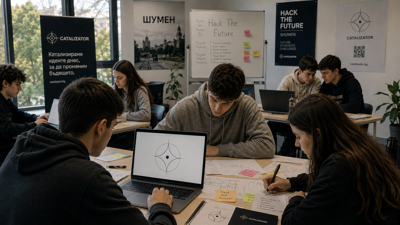 Ученици работят заедно около лаптопи, бележки и бели дъски